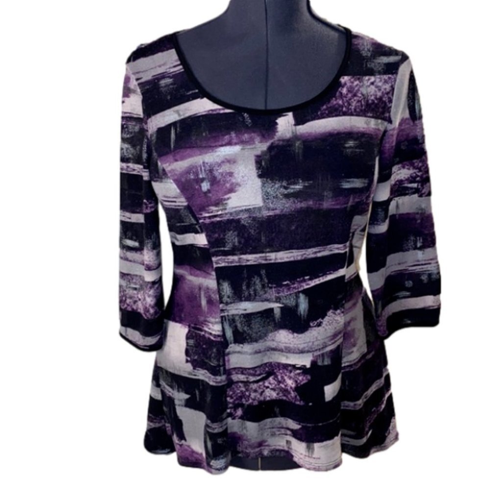 LAURA Purple & Black Abstract Mid Sleeve A Line Top/Blouse (Size Medium)